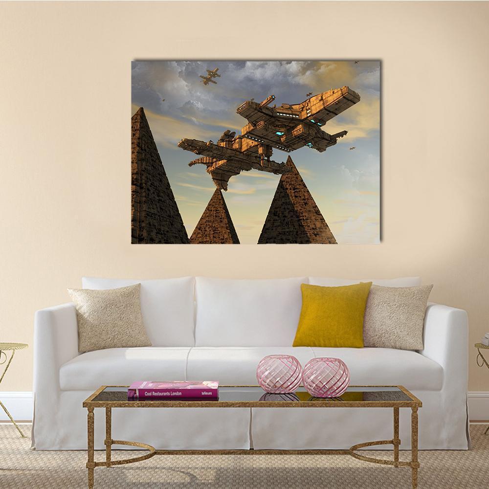Spaceship Hovering Between Pyramids Canvas Wall Art in gray, brown and yellow, single panel hung on a wall