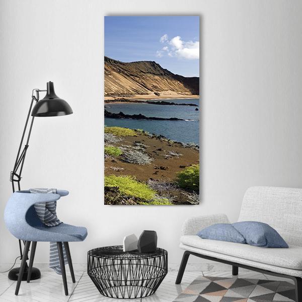 Galapagos Islands Coastal Cliffs, Ecuador Vertical Canvas Wall Art in beige, brown and blue, single vertical panel hung on a wall
