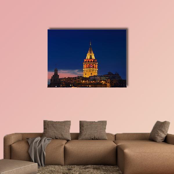 Galata Tower at Dusk, Istanbul Canvas Wall Art in gold, orange and blue, single panel hung on a wall