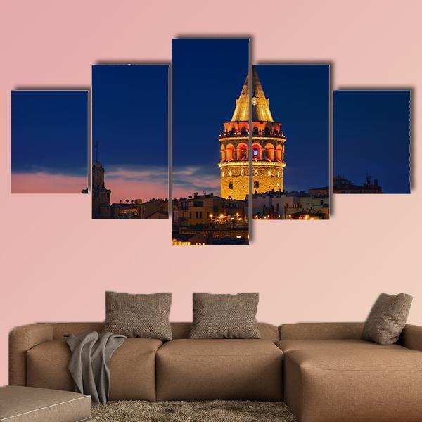 Galata Tower In Istanbul Canvas Wall Art-5 Star-Gallery Wrap-62" x 32"-Tiaracle