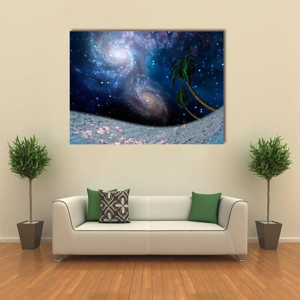 Galaxies Above Alien Landscape Canvas Wall Art in black, blue and purple, single panel hung on a wall