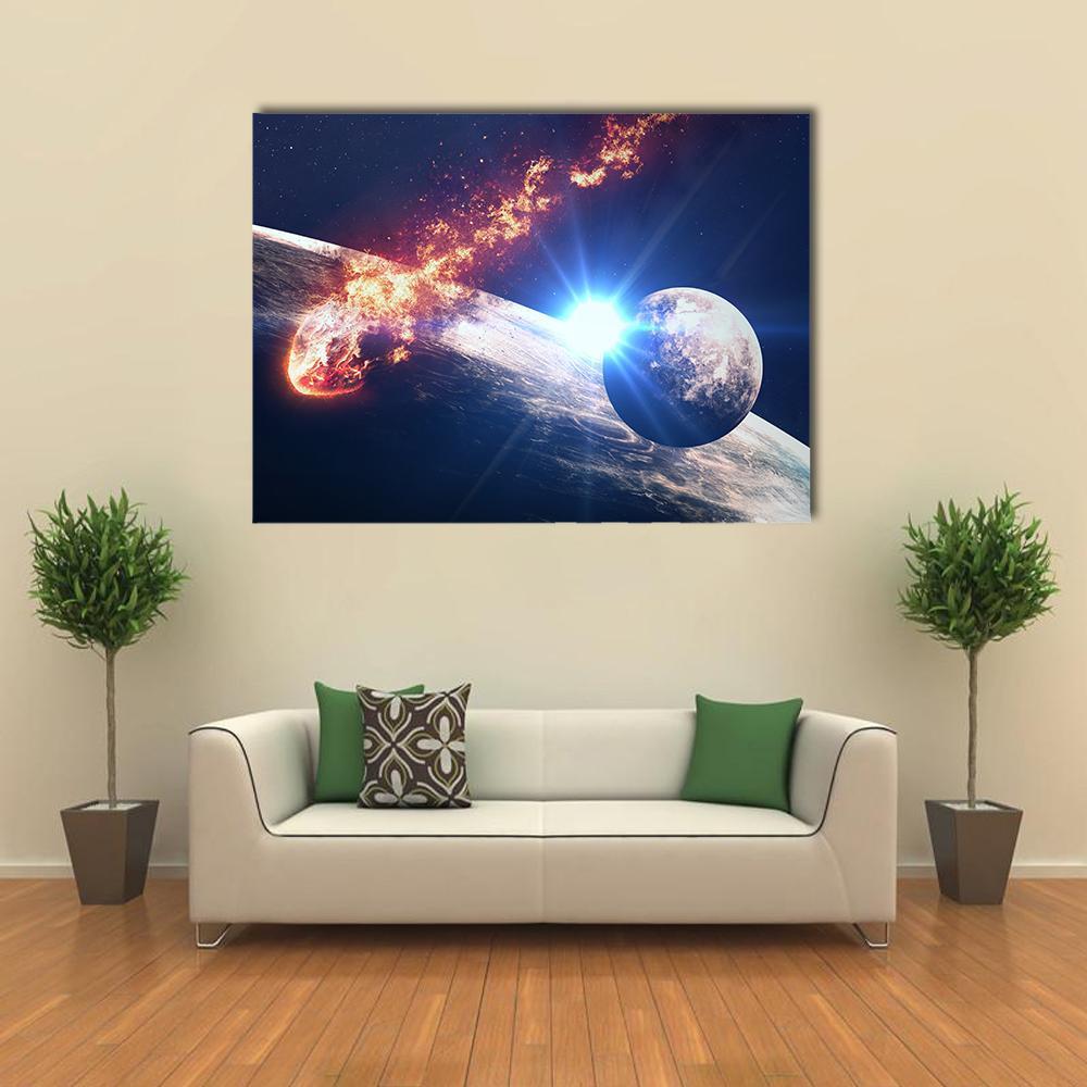 Asteroid Impact Over Blue Planet Canvas Wall Art in black, orange and blue, single panel hung on a wall