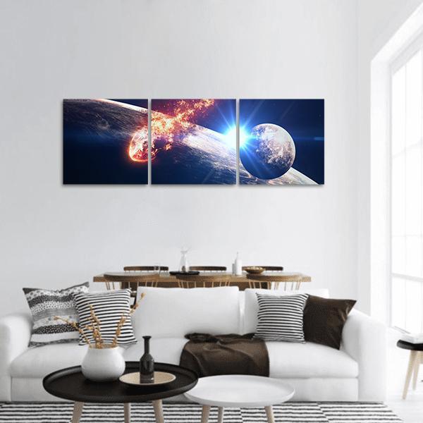 Meteor and Solar Flare Over Earth Panoramic Canvas Wall Art in black, orange and blue, hung on a wall