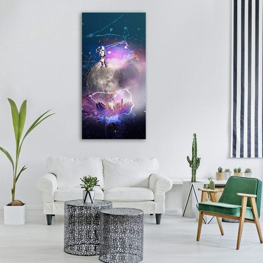 Galaxy Glow with Astronaut and Skyline Vertical Canvas Wall Art in black, blue and purple, single vertical panel hung on a wall