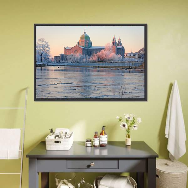 Galway Cathedral in Winter Canvas Wall Art in white, gray and blue, framed canvas, product view on a white background