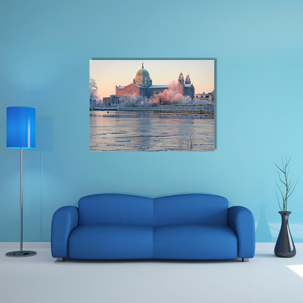 Galway Cathedral in Winter Canvas Wall Art in white, gray and blue, single panel hung on a wall