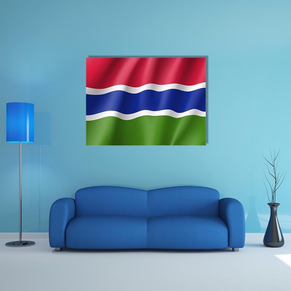 Gambia Flag with Wavy Stripes Canvas Wall Art in red, green and blue, single panel hung on a wall