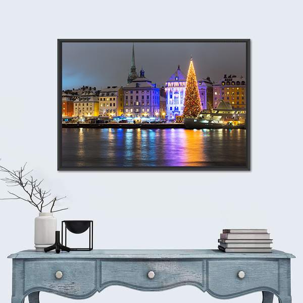 Gamla Stan At Night Canvas Wall Art-1 Piece-Floating Frame-24" x 16"-Tiaracle