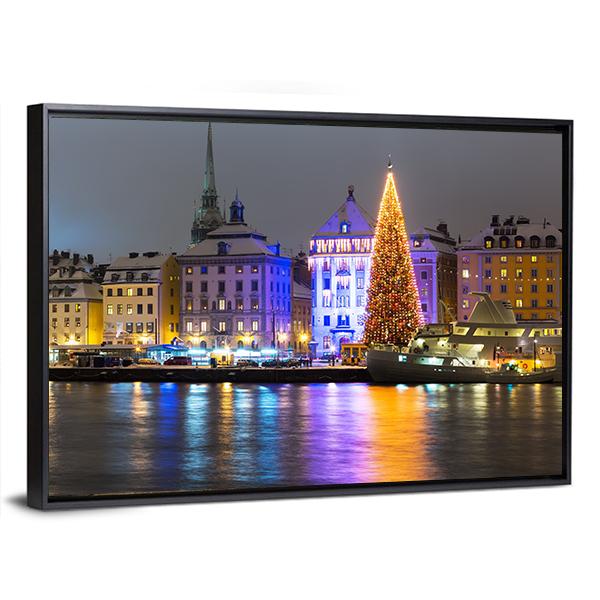Gamla Stan At Night Canvas Wall Art-3 Horizontal-Gallery Wrap-25" x 16"-Tiaracle
