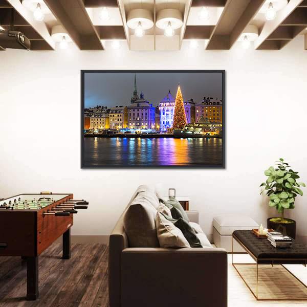 Gamla Stan At Night Canvas Wall Art-5 Horizontal-Gallery Wrap-22" x 12"-Tiaracle