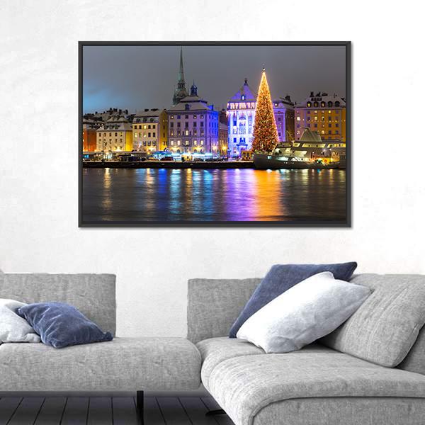 Gamla Stan At Night Canvas Wall Art-5 Horizontal-Gallery Wrap-22" x 12"-Tiaracle