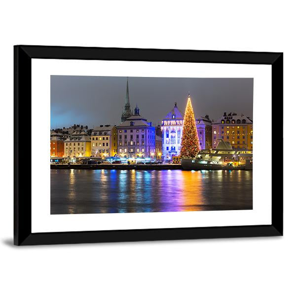 Gamla Stan At Night Canvas Wall Art-5 Horizontal-Gallery Wrap-22" x 12"-Tiaracle
