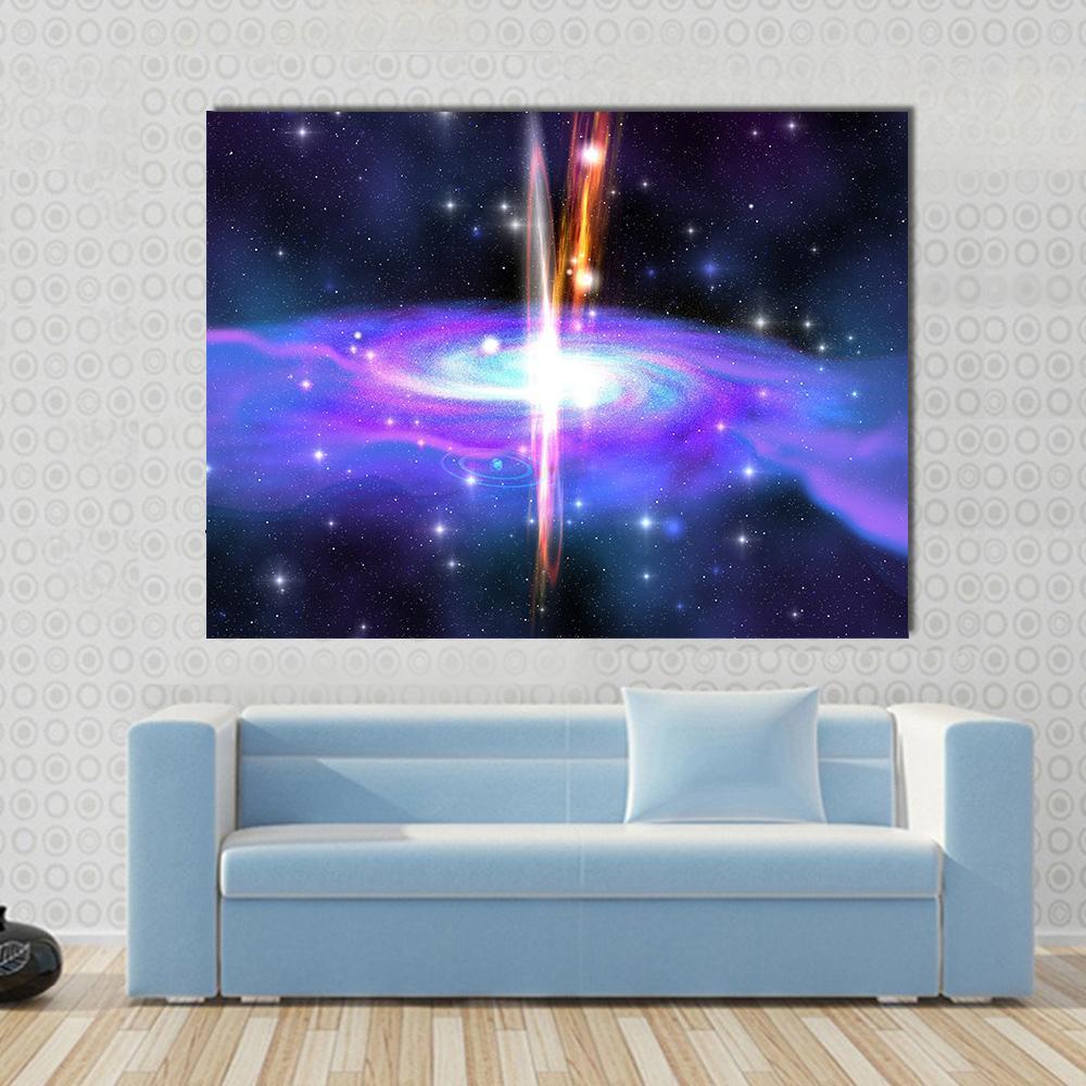 Gamma Ray Burst Galaxy Canvas Wall Art in black, blue and purple, single panel hung on a wall