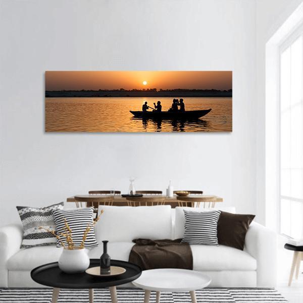 Boat In Ganges River Panoramic Canvas Wall Art-3 Piece-25" x 08"-Tiaracle