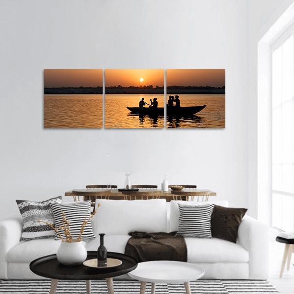 Boat In Ganges River Panoramic Canvas Wall Art-3 Piece-25" x 08"-Tiaracle