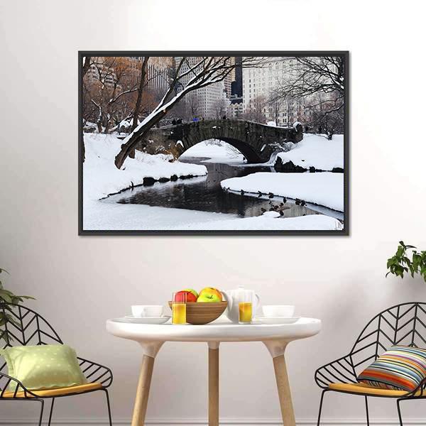 Gapstow Bridge In Snow Canvas Wall Art-1 Piece-Floating Frame-24" x 16"-Tiaracle