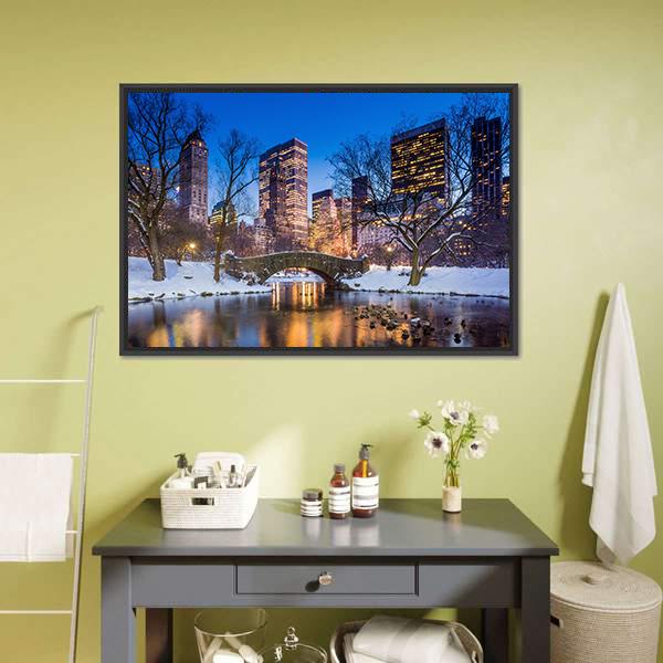 Gapstow Bridge In Winter Canvas Wall Art-1 Piece-Floating Frame-24" x 16"-Tiaracle