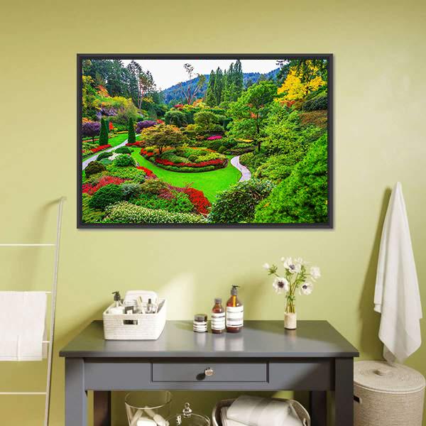 Vancouver Island Garden with Winding Path Canvas Wall Art in green and multicolor, framed canvas, product view on a white background
