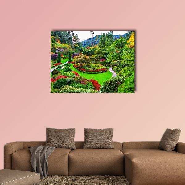 Vancouver Island Garden with Winding Path Canvas Wall Art in green and multicolor, single panel hung on a wall