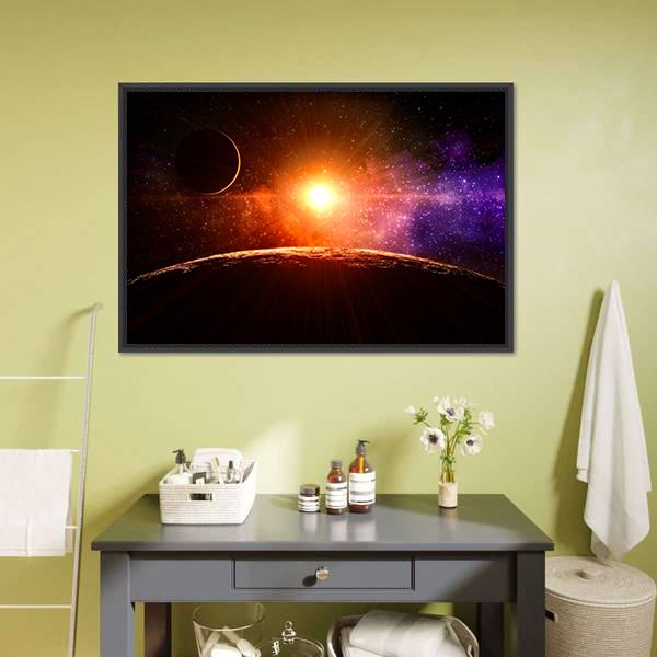 Gas Giant Extra Solar Planet Orbiting a Sun Like Star Canvas Wall Art in black, orange and purple, framed canvas, product view on a white background