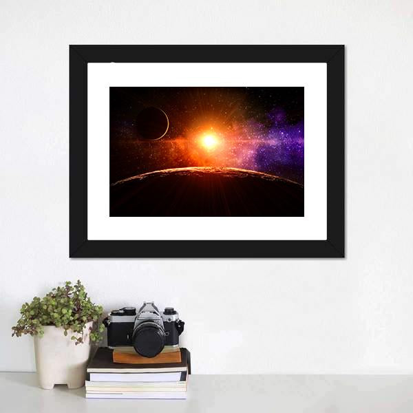 Gas Giant Extra Solar Planet Orbiting A Sun Like Star Canvas Wall Art-1 Piece-Framed Print-20" x 16"-Tiaracle