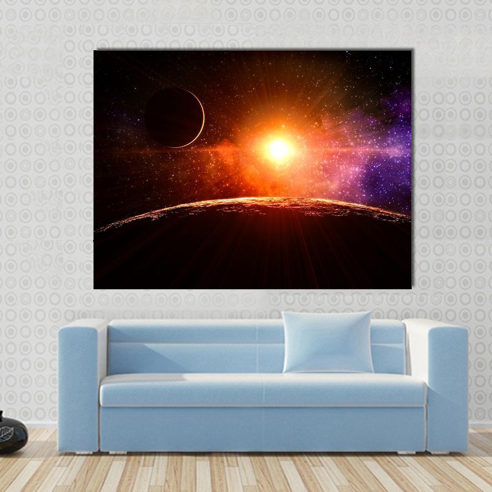 Gas Giant Extra Solar Planet Orbiting a Sun Like Star Canvas Wall Art in black, orange and purple, single panel hung on a wall