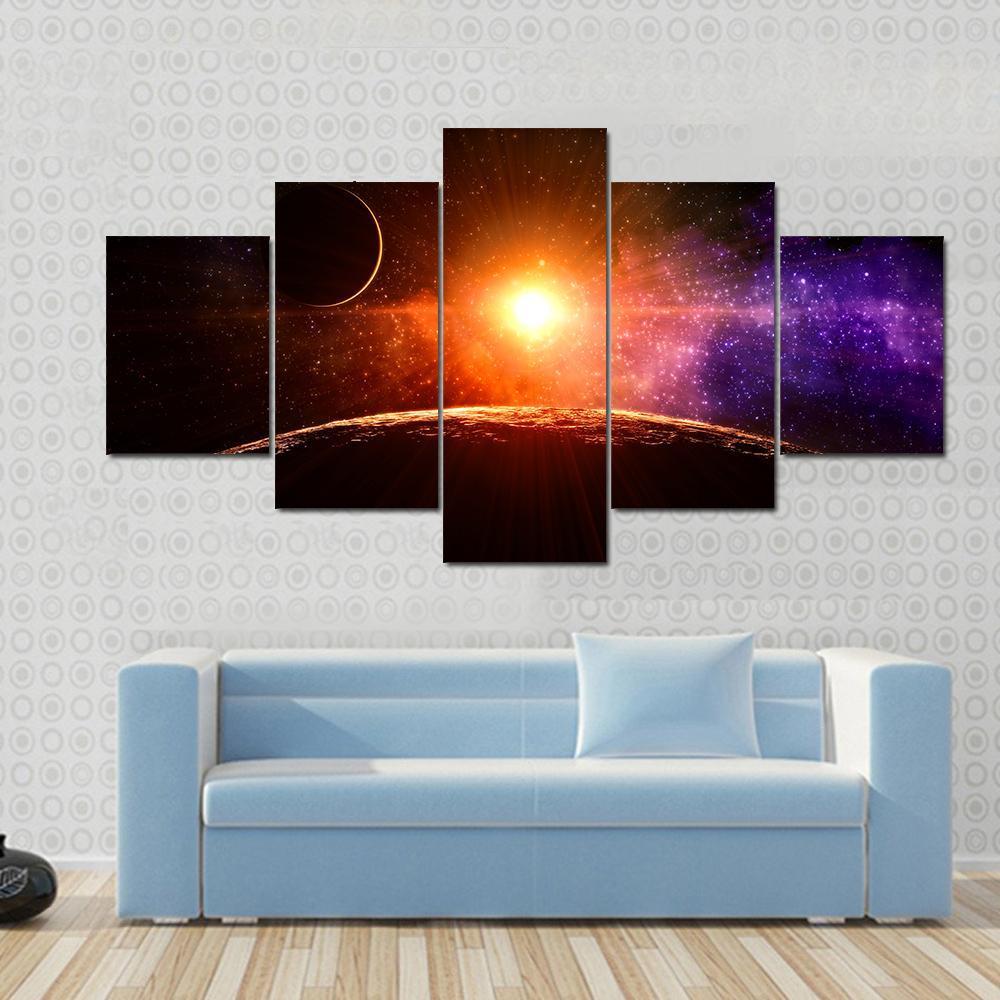 Gas Giant Extra Solar Planet Orbiting A Sun Like Star Canvas Wall Art-5 Star-Gallery Wrap-62" x 32"-Tiaracle
