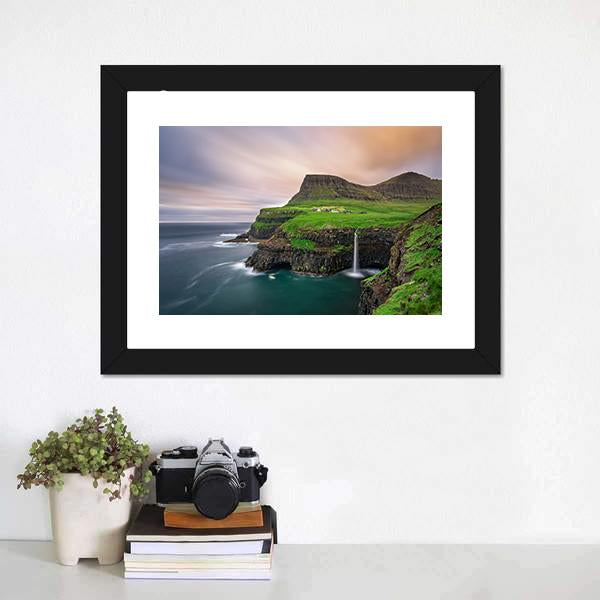 Gasadalur Village & Waterfall Canvas Wall Art-1 Piece-Framed Print-20" x 16"-Tiaracle