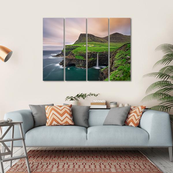 Gasadalur Village & Waterfall Canvas Wall Art-4 Horizontal-Gallery Wrap-34" x 24"-Tiaracle