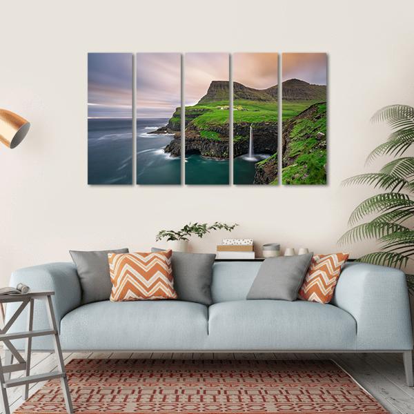 Gasadalur Village &amp; Waterfall Canvas Wall Art-5 Horizontal-Gallery Wrap-22" x 12"-Tiaracle