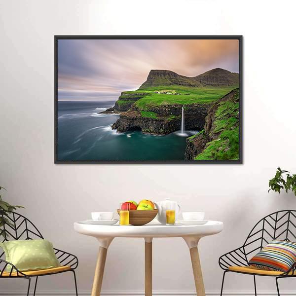 Gasadalur Village &amp; Waterfall Canvas Wall Art-5 Horizontal-Gallery Wrap-22" x 12"-Tiaracle