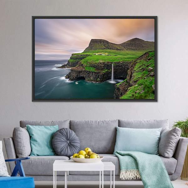 Gasadalur Village &amp; Waterfall Canvas Wall Art-5 Horizontal-Gallery Wrap-22" x 12"-Tiaracle