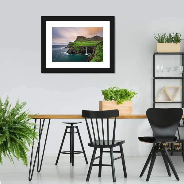 Gasadalur Village & Waterfall Canvas Wall Art-5 Horizontal-Gallery Wrap-22" x 12"-Tiaracle