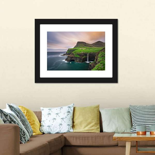 Gasadalur Village &amp; Waterfall Canvas Wall Art-5 Horizontal-Gallery Wrap-22" x 12"-Tiaracle