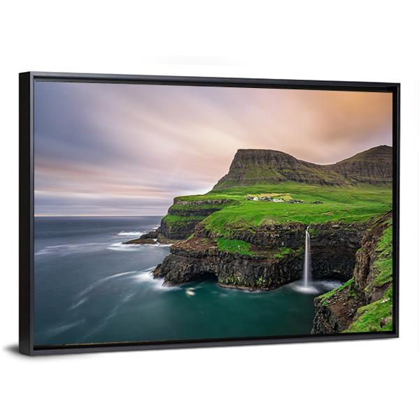 Gasadalur Village &amp; Waterfall Canvas Wall Art-5 Horizontal-Gallery Wrap-22" x 12"-Tiaracle