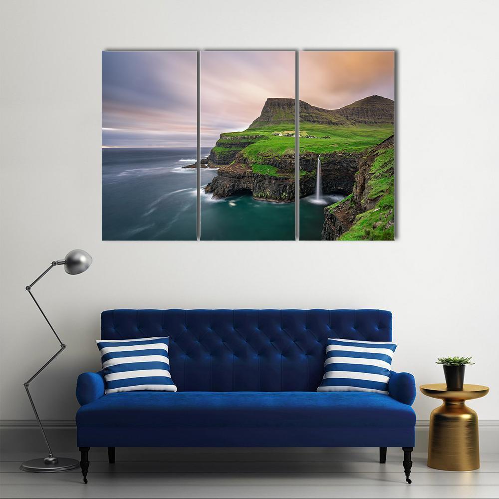 Gasadalur Village & Waterfall Canvas Wall Art-3 Horizontal-Gallery Wrap-37" x 24"-Tiaracle
