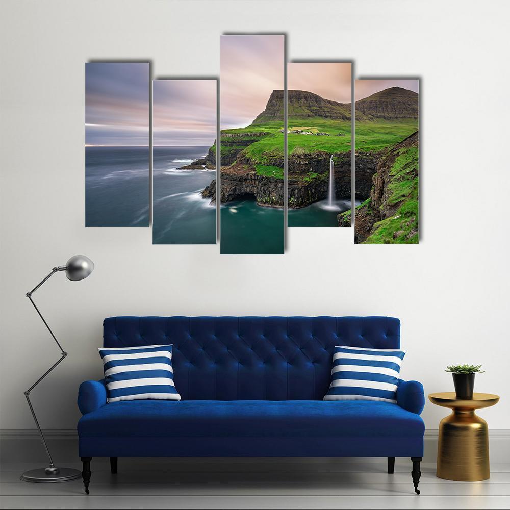 Gasadalur Village & Waterfall Canvas Wall Art-5 Pop-Gallery Wrap-47" x 32"-Tiaracle