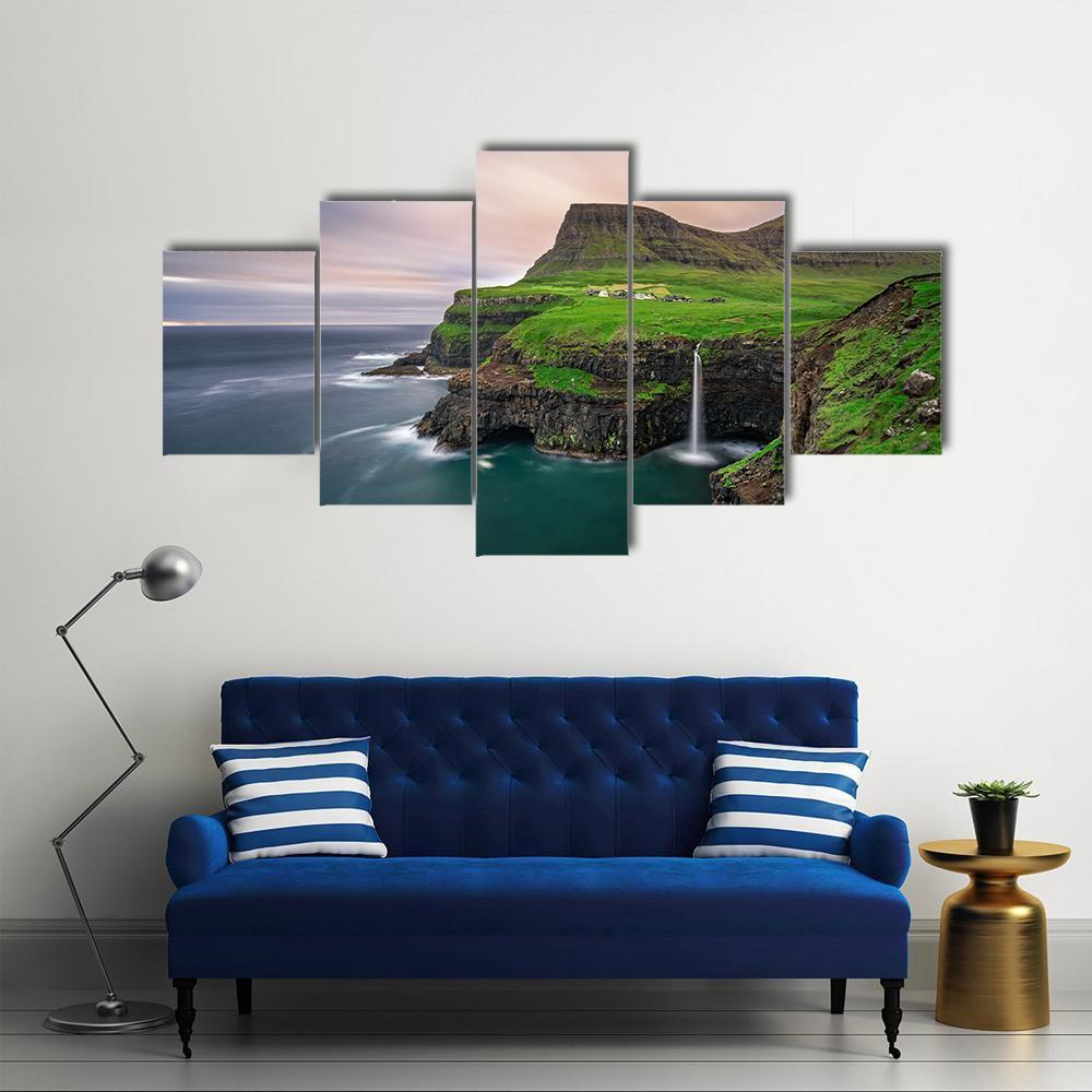 Gasadalur Village & Waterfall Canvas Wall Art-5 Star-Gallery Wrap-62" x 32"-Tiaracle