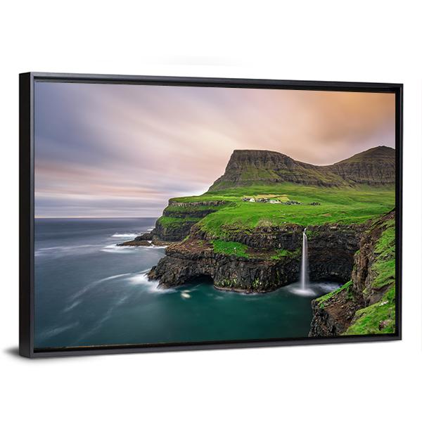 Gasadalur Village &amp; Waterfall Canvas Wall Art-3 Horizontal-Gallery Wrap-25" x 16"-Tiaracle