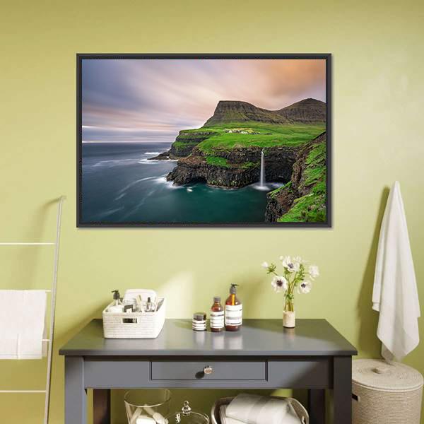 Gasadalur Village Waterfall Canvas Wall Art in gray, green and blue, framed canvas, product view on a white background
