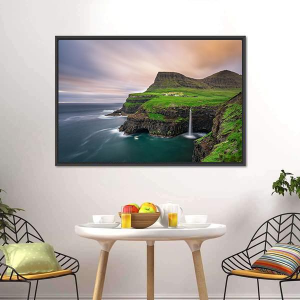 Gasadalur Village &amp; Waterfall Canvas Wall Art-3 Horizontal-Gallery Wrap-25" x 16"-Tiaracle