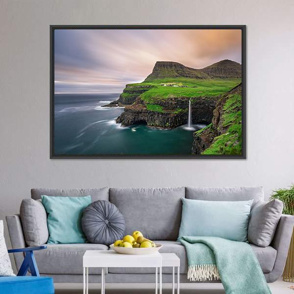 Gasadalur Village & Waterfall Canvas Wall Art-3 Horizontal-Gallery Wrap-25" x 16"-Tiaracle