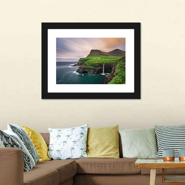 Gasadalur Village &amp; Waterfall Canvas Wall Art-3 Horizontal-Gallery Wrap-25" x 16"-Tiaracle