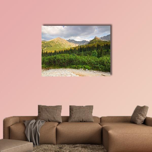 Gasienicowa Valley Mountain Landscape Canvas Wall Art in gray, green and blue, single panel hung on a wall