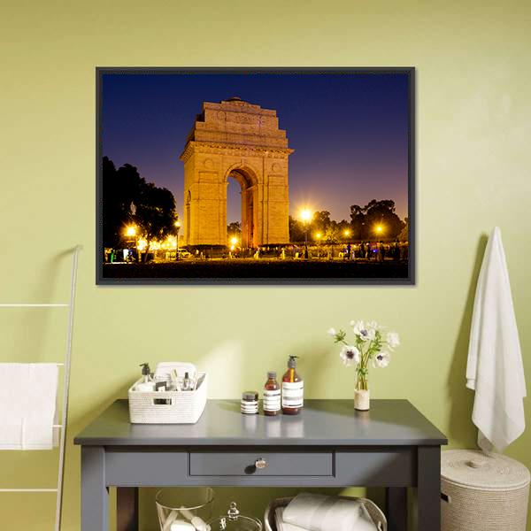 Gate Of India At Night Canvas Wall Art-1 Piece-Floating Frame-24" x 16"-Tiaracle