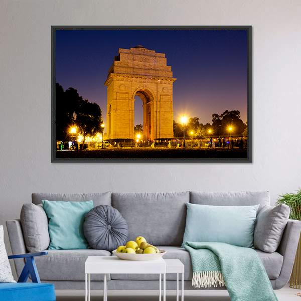 Gate Of India At Night Canvas Wall Art-3 Horizontal-Gallery Wrap-25" x 16"-Tiaracle