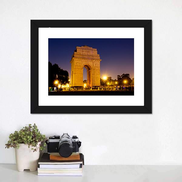 Gate Of India At Night Canvas Wall Art-1 Piece-Framed Print-20" x 16"-Tiaracle