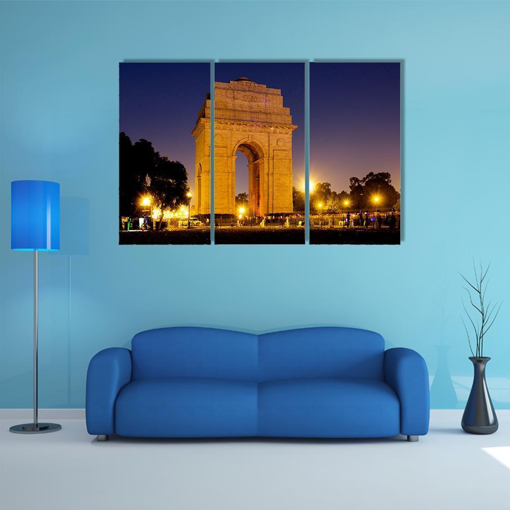 Gate Of India At Night Canvas Wall Art-3 Horizontal-Gallery Wrap-37" x 24"-Tiaracle