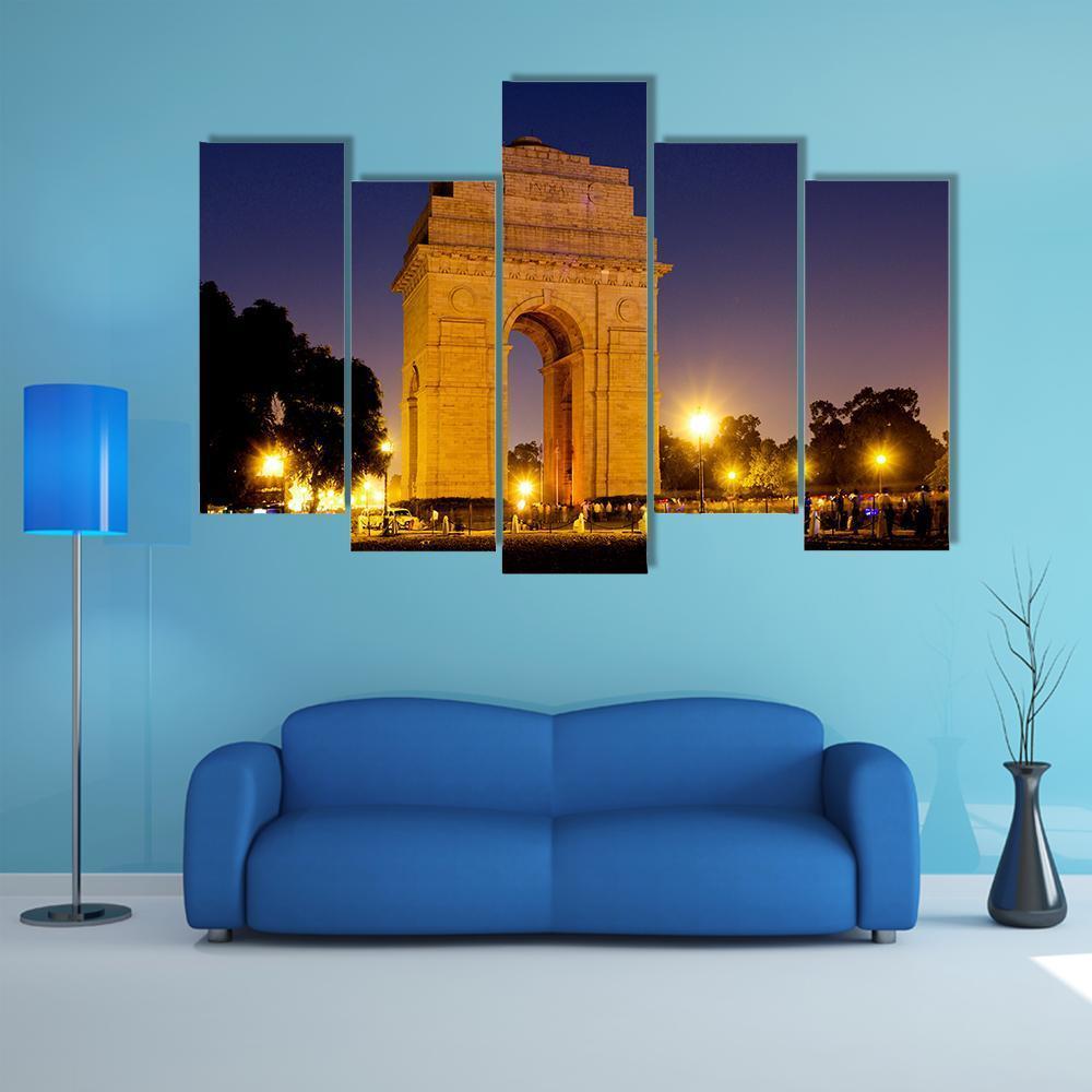 Gate Of India At Night Canvas Wall Art-5 Pop-Gallery Wrap-47" x 32"-Tiaracle
