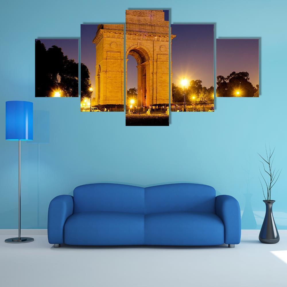Gate Of India At Night Canvas Wall Art-5 Star-Gallery Wrap-62" x 32"-Tiaracle